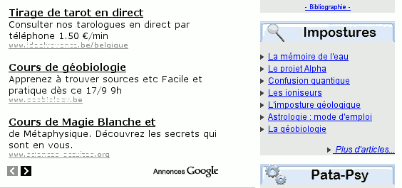 publicité paranormale sur le site sceptique charlatan.info