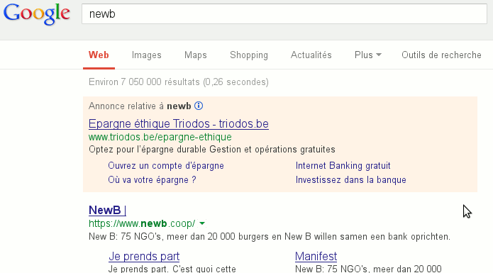 Triodos s'affiche lors d'une recherche Google sur newb