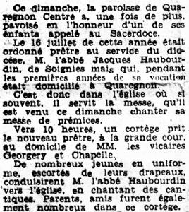 Extrait de l'article d'un journal de 1961, non nommé, non daté Fac-simile de l'article sur les prémices de l'abbé Jacques Haubourdin, dont le texte est reproduit ci-dessous